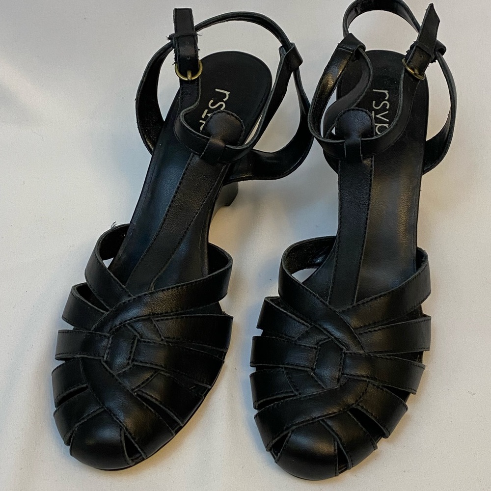 RSVP Leather weaved closed toe wedge sandals.